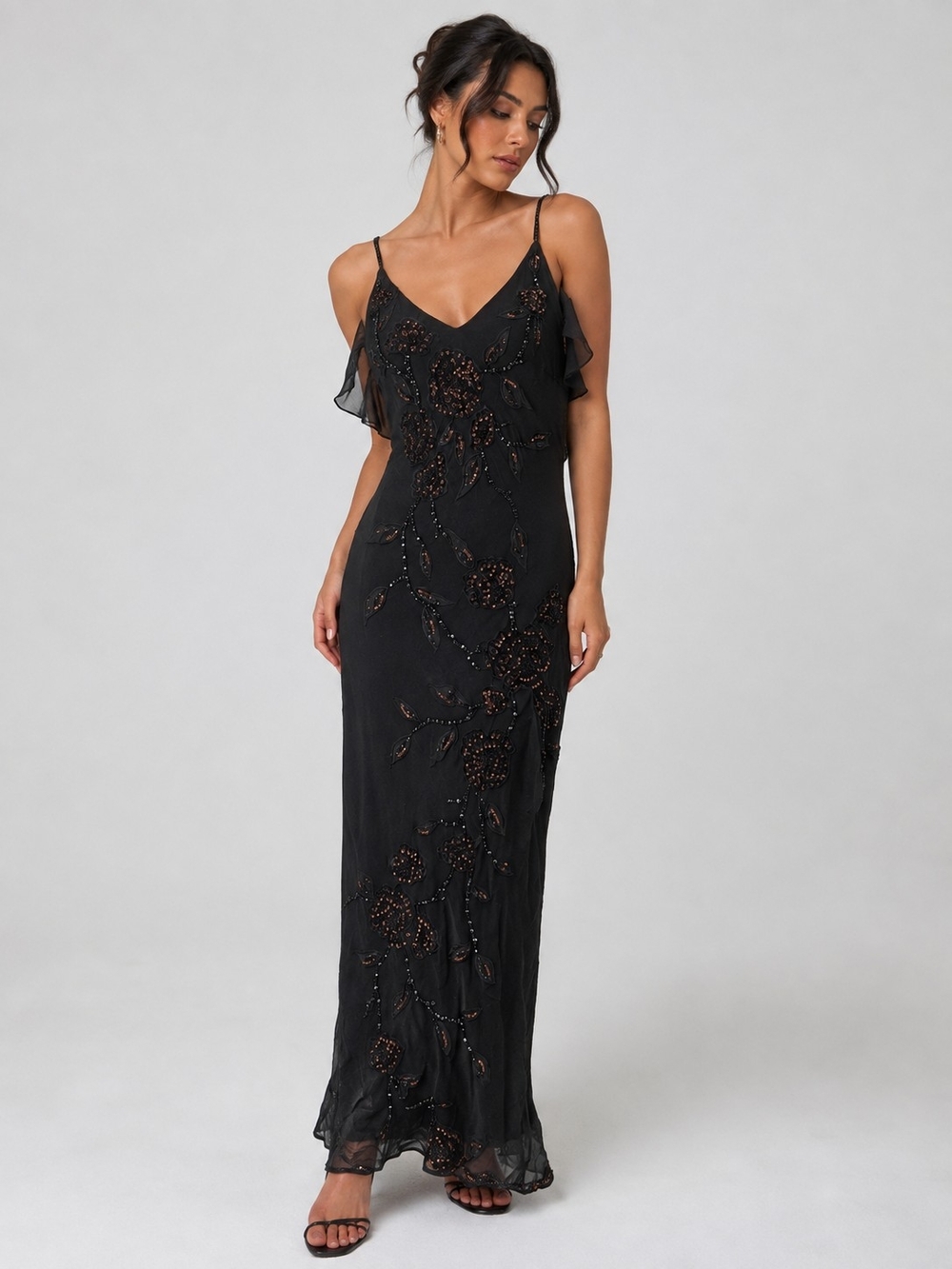 Sue Wong Nocturne Silk Beaded Cocktail Maxi Dress Black Women's Size 8 Evening